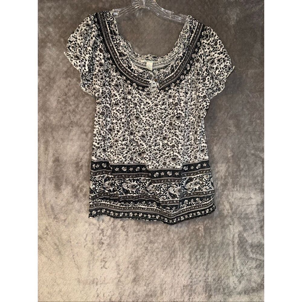 Lucky Brand Floral Smocked Neck Elastic Waist Short Sleeve Boho Top XL #767